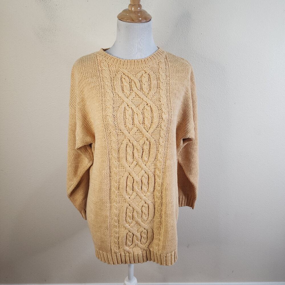 Vtg 90s Fisherman Sweater Cable Knit Women Sz Small Apricot Ramie/Cotton Blend